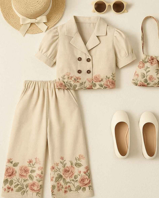 Cream Floral Printed Top and Wide Legged Pant Set With Hand Bag For Girls