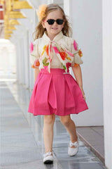 Pink Puffed Sleeves And Floral Embellished Top And Skirt Set For Girls