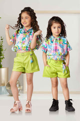 Green Printed Top With Shorts Sets For Girls