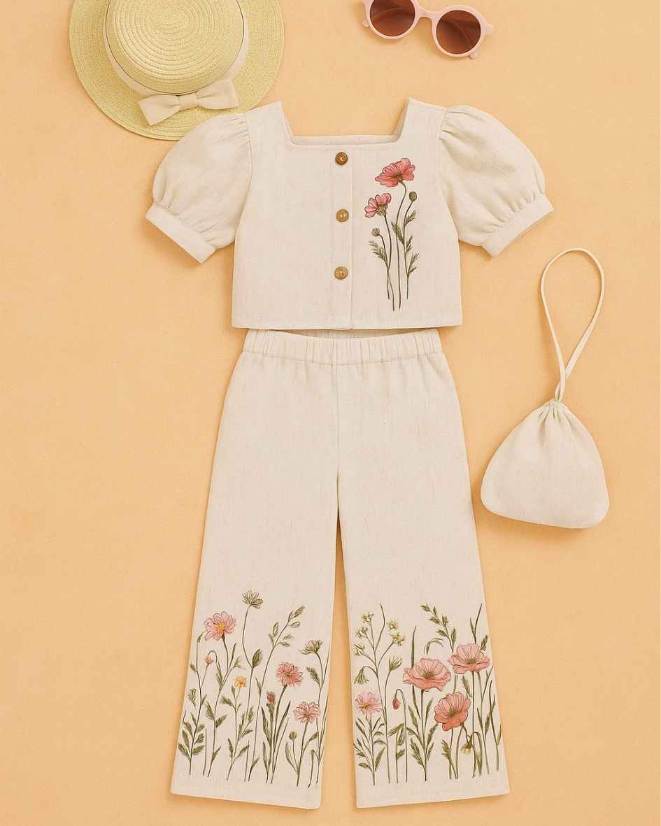 Off White Floral Printed Top and Wide Legged Pant Set With Hand Bag For Girls