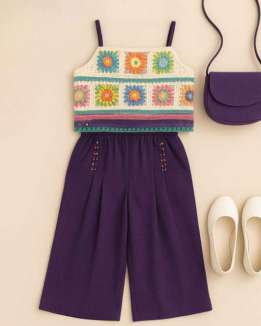 Violet Boho Chic Crochet Crop Top And Pant Set For Girls