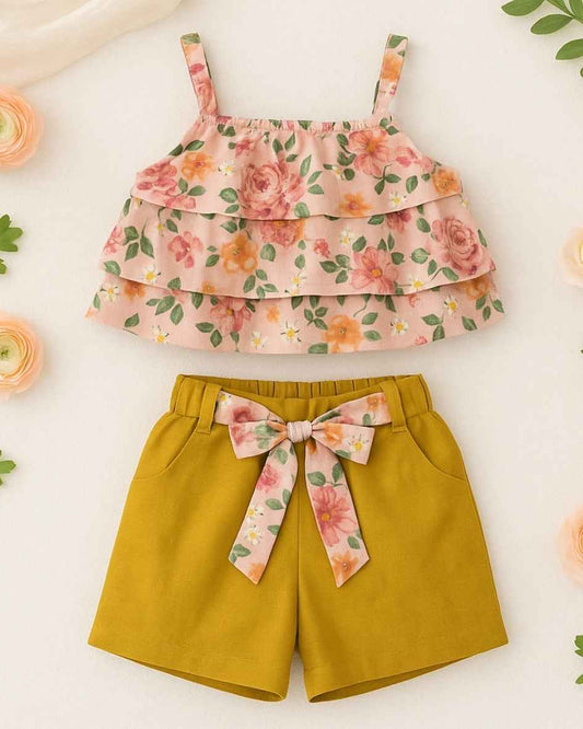 Mustard Floral Printed Frill Top With Thread Work Shorts Set For Girls