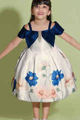 Blue Floral Printed And Bow Embellished Party Wear Frock For Girls