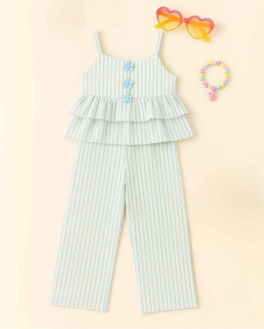 Blue And White Striped Sleeveless Layered Top And Pant Set For Girls