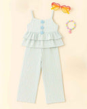 Blue And White Striped Sleeveless Layered Top And Pant Set For Girls
