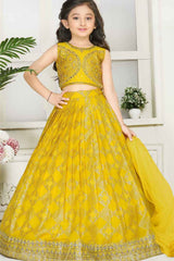 Yellow Sleeveless And Printed With Mirror Worked Lehenga Choli Set For Girls