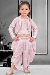 Stylish Pink Printed Dhoti Set With Over Coat For Girls