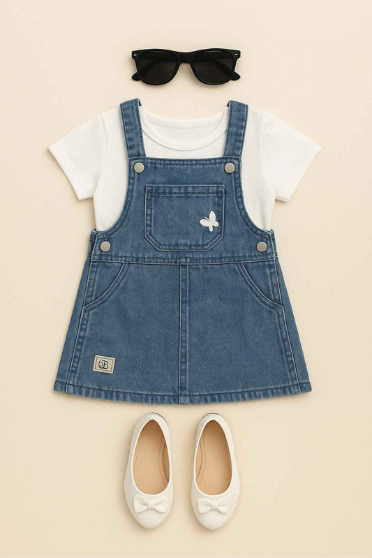 Blue Denim Stylish Dungree With White T-Shirt Set For Girls