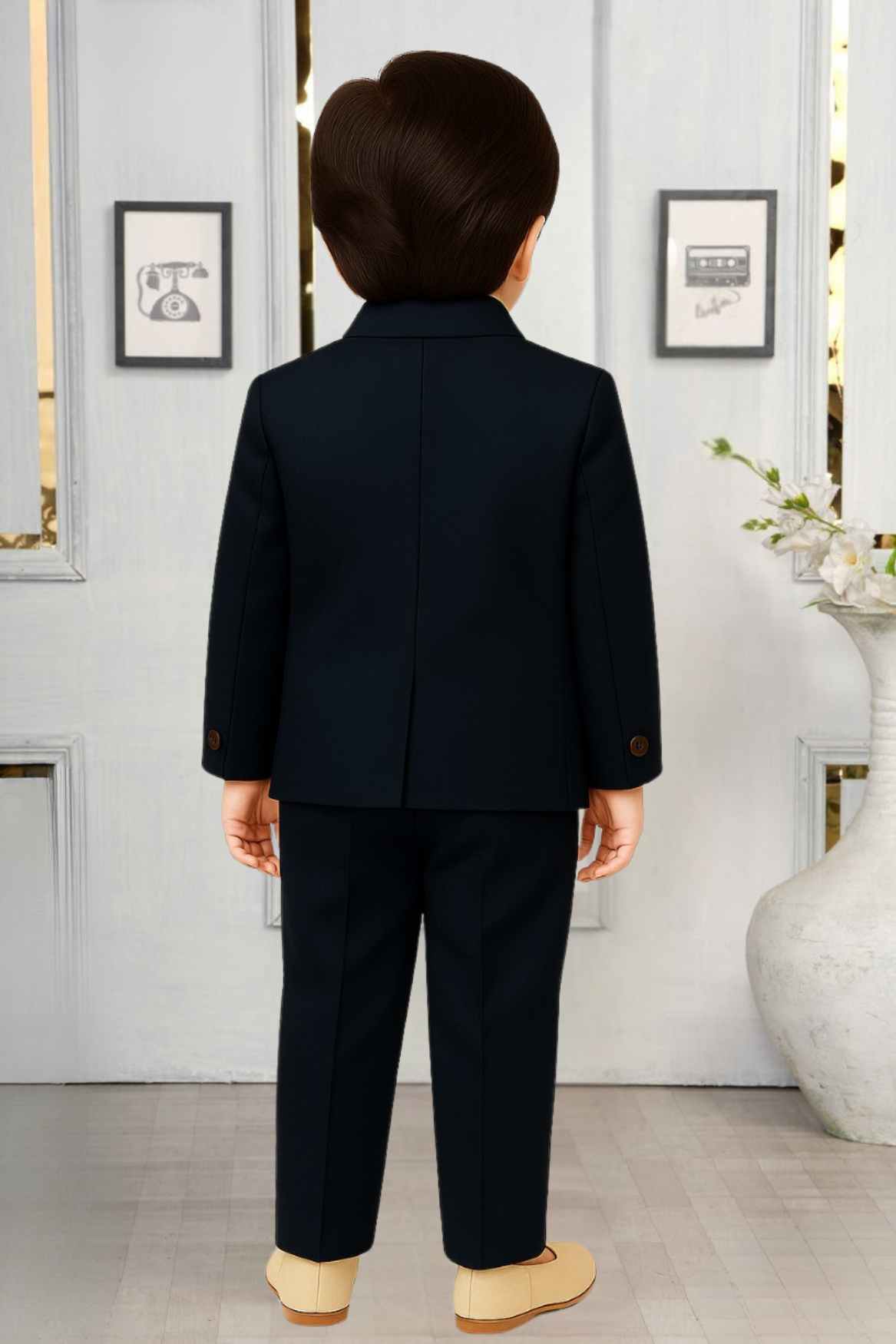 Navy Blue Bead Work Tuxedo With Pant And Waistcoat Set For Boys