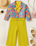Stylish Mustard Jumpsuit With Multicolor Printed Over Coat For Girls