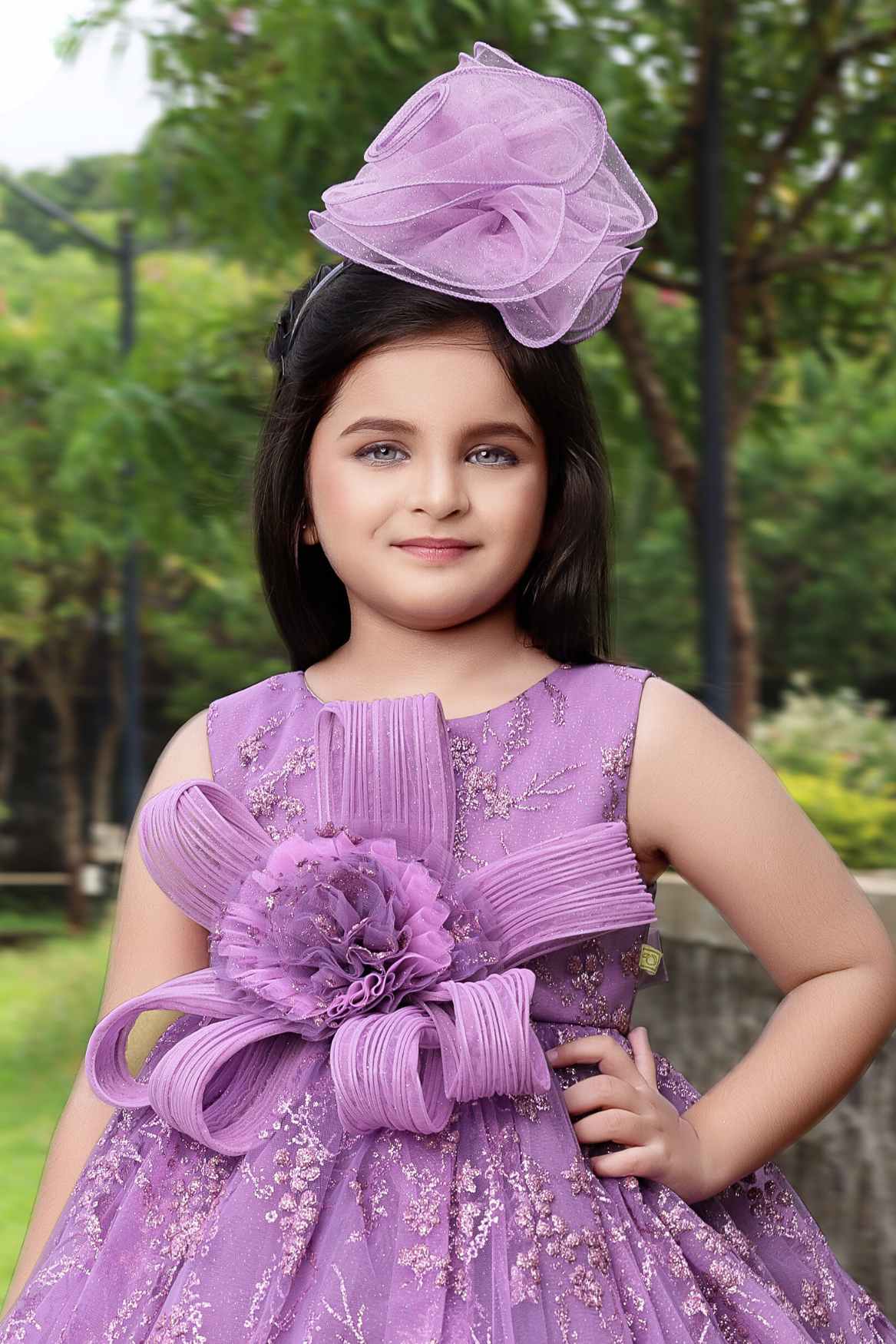 Purple Gown With Floral Embellished And Shimmer For Girls