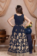 Navy Blue Sequin Work And Zari Embroidery Lehenga Choli Set For Girls