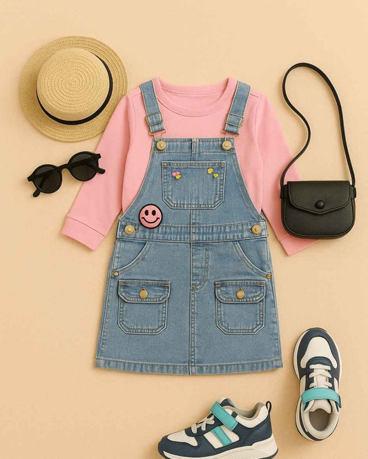 Pink 3/4th Sleeves T shirt With Blue Denim Jumpsuit Set For Girls