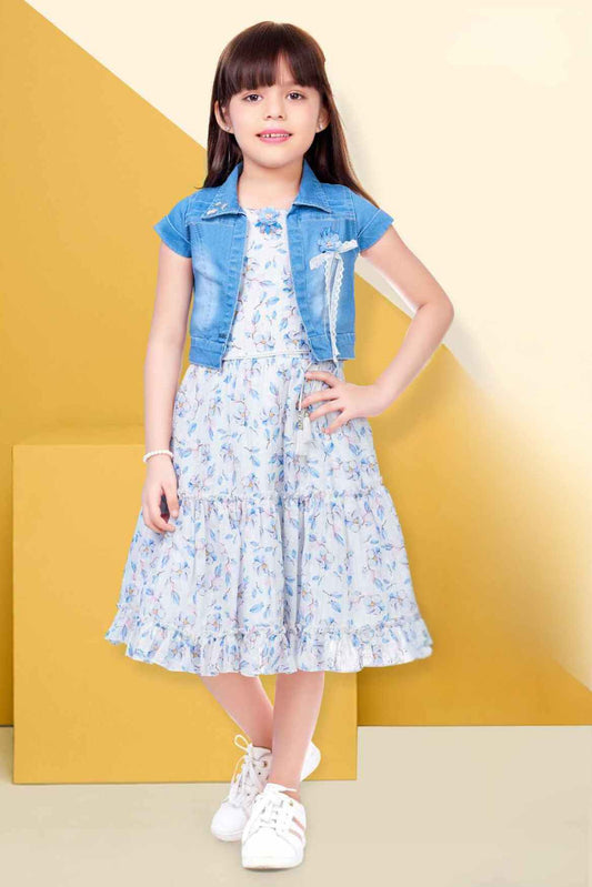 Blue Sleeveless Floral Printed Frock With Denim Overcoat For Girls