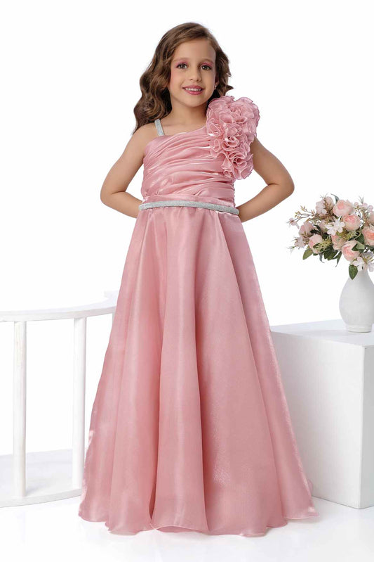 Designer Pink Floral Appliqué Party Wear Gown For Girls