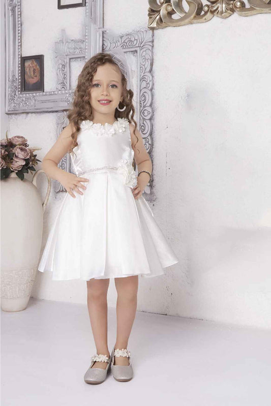 White Embellished Satin Frock With Floral For Girls