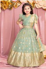 Ethnic Pista Green Brocade Gown With Sequin Embroidery For Girls