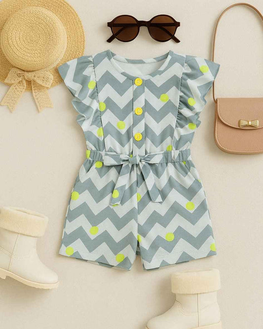 White Zig Zag Printed Short Jumpsuit With Ruffle Sleeves For Girls