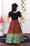 Teal Blue And Maroon Pattu Pavadai Set With Floral And Geometric Embroidery for Girls