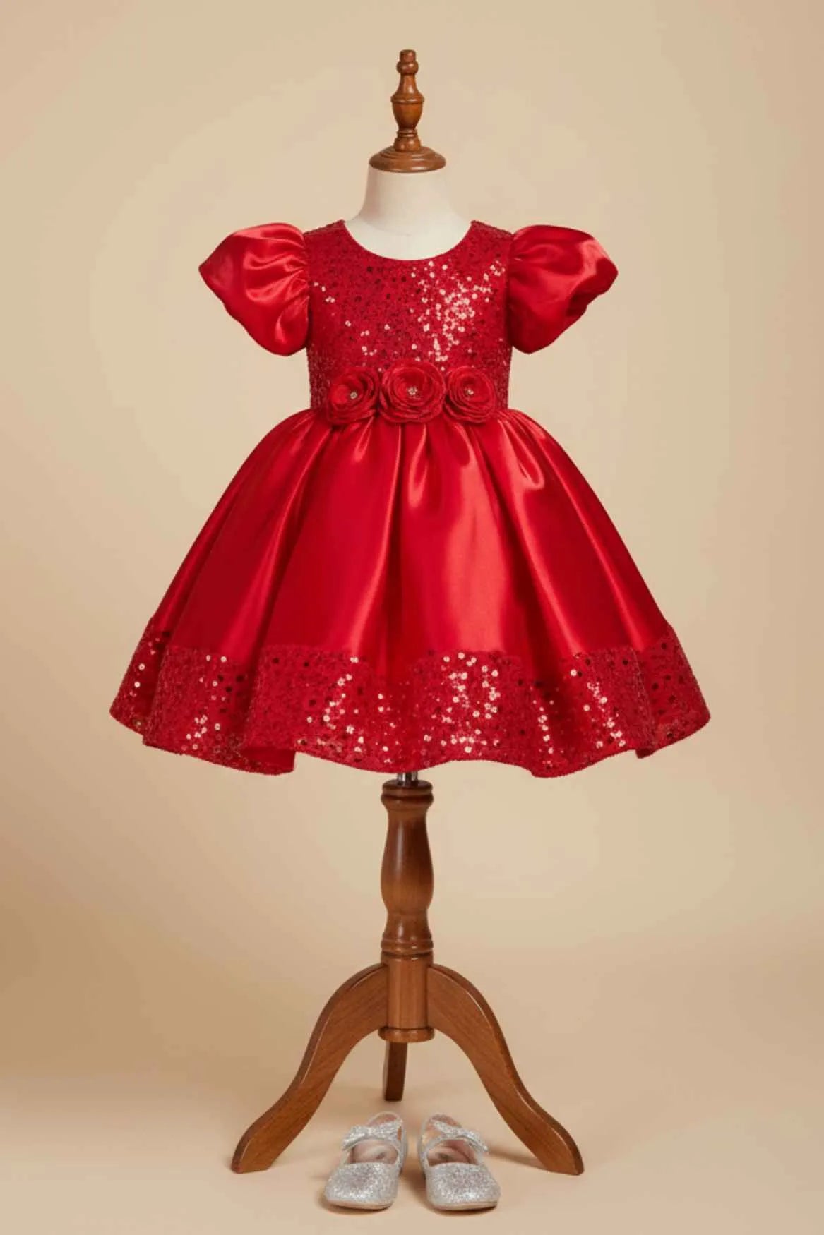 Red Sequin Party Wear Frock with Puffy Sleeves and Floral Waist Detail For Girls