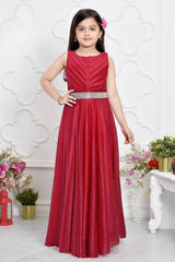 Royal Cherry Red Partywear Gown With Stone Waist Band For Girls