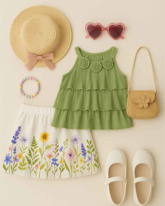 Green Floral Print Skirt Set with Tiered Green Top Set For Girls