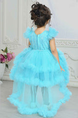 Blue Sequin Tailback Frock With Bow Embellished For Girls