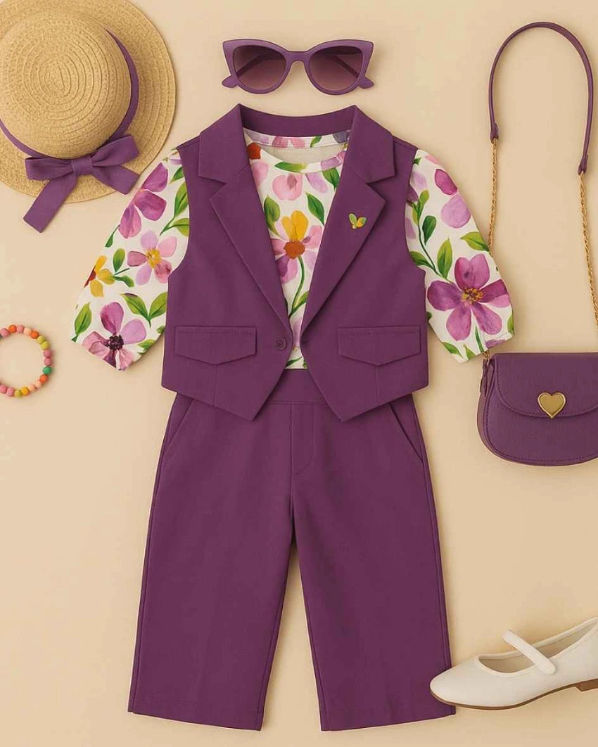 Purple Waist Coat And Pant With Floral Printed Top Set For Girls