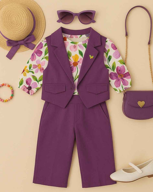 Purple Waist Coat And Pant With Floral Printed Top Set For Girls