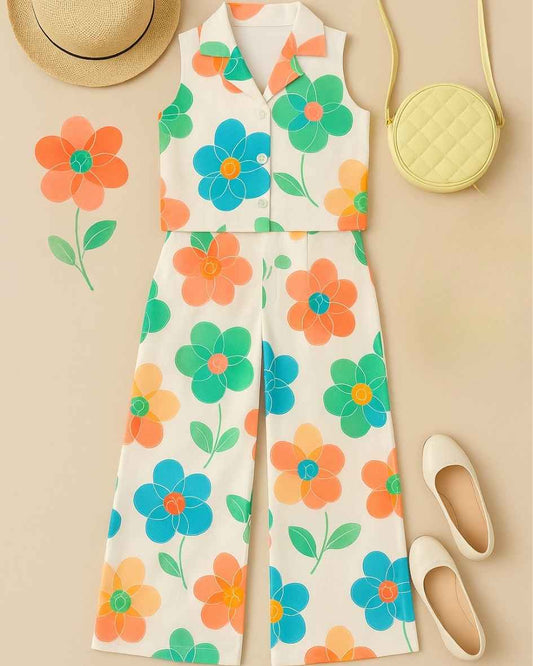 Trendy White Floral Printed Sleeveless Jacket And Pant Co Ord Set For Girls