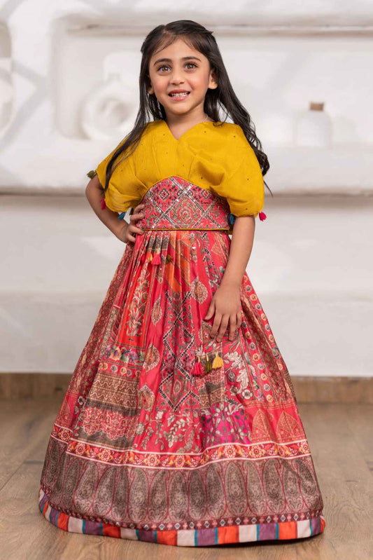 Mustard Yellow Sequins And Mirror Work With Floral Printed Lehenga Choli For Girls