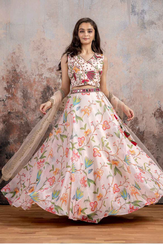 Cream Lehenga Choli With Mirror Work And Embroidered For Girls