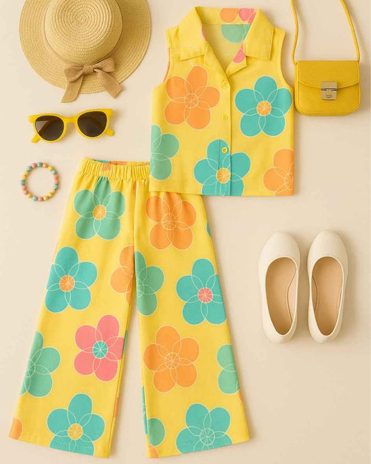 Trendy Lemon Yellow Floral Printed Sleeveless Jacket And Pant Co Ord Set For Girls