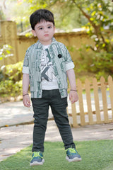 Green And White T-Shirt And Pant Set With Printed Overcoat For Boys