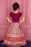 Magenta Embroidered Pattu Pavadai Set With Gold Zari Detailing For Girls