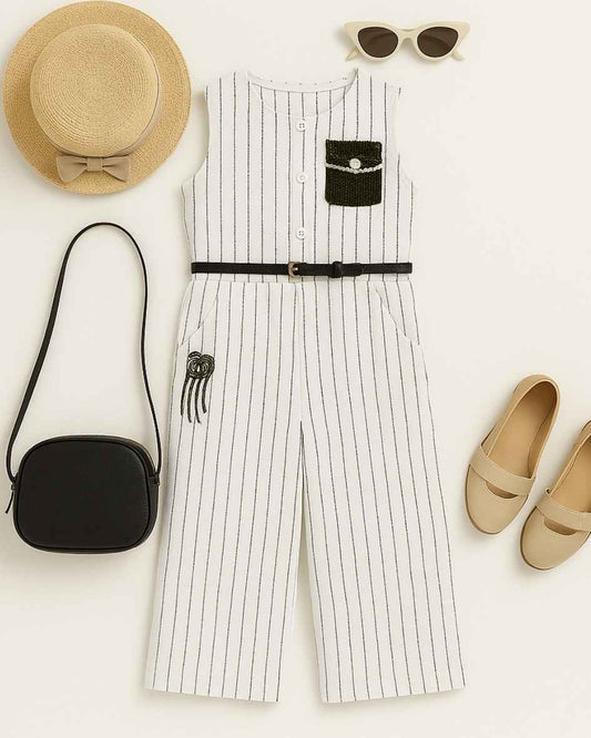 Trendy White Striped Casual Jumpsuit For Girls