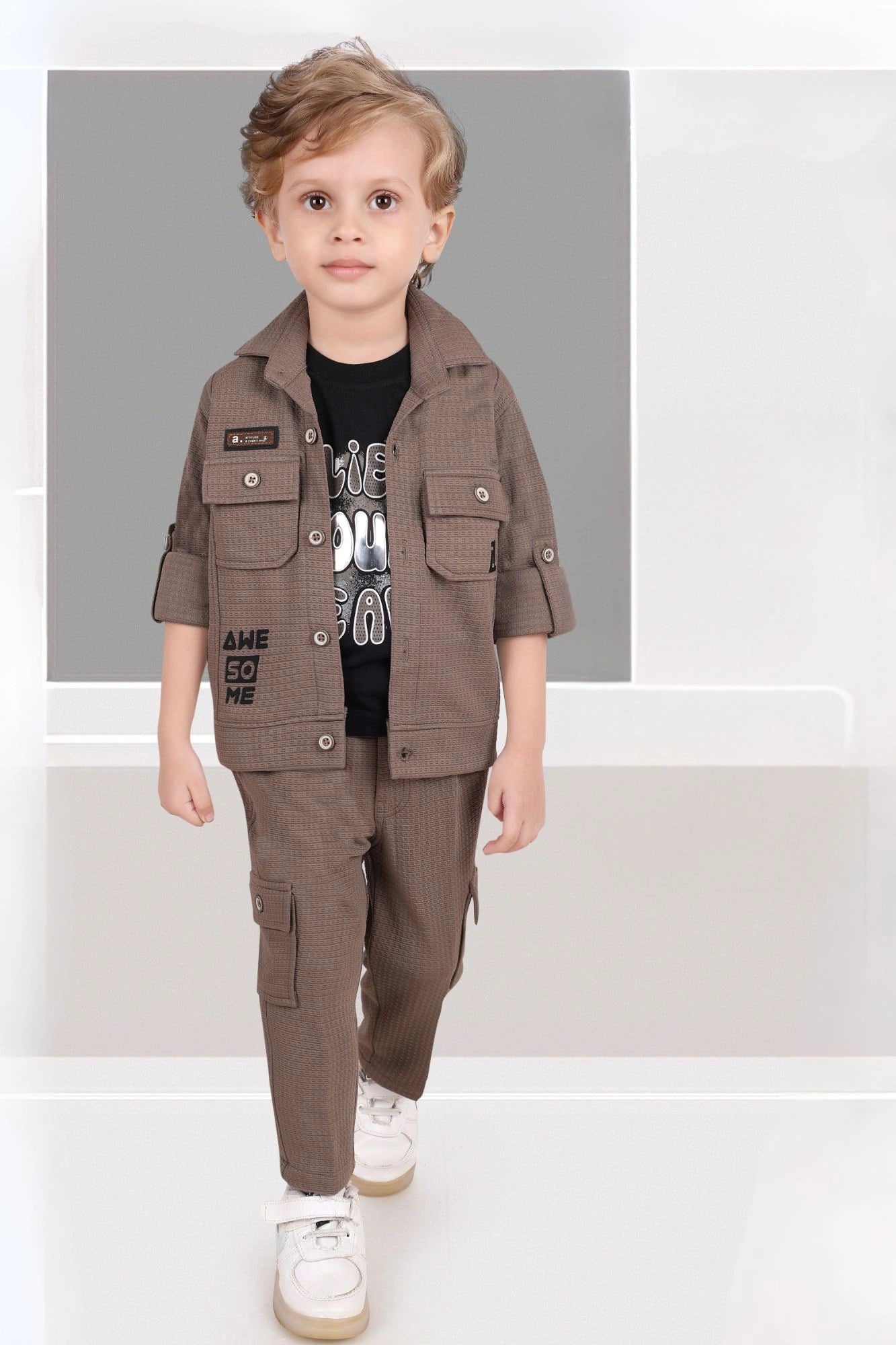 Brown And Black 3-Piece Utility Style Set with Cargo Pants For Boys