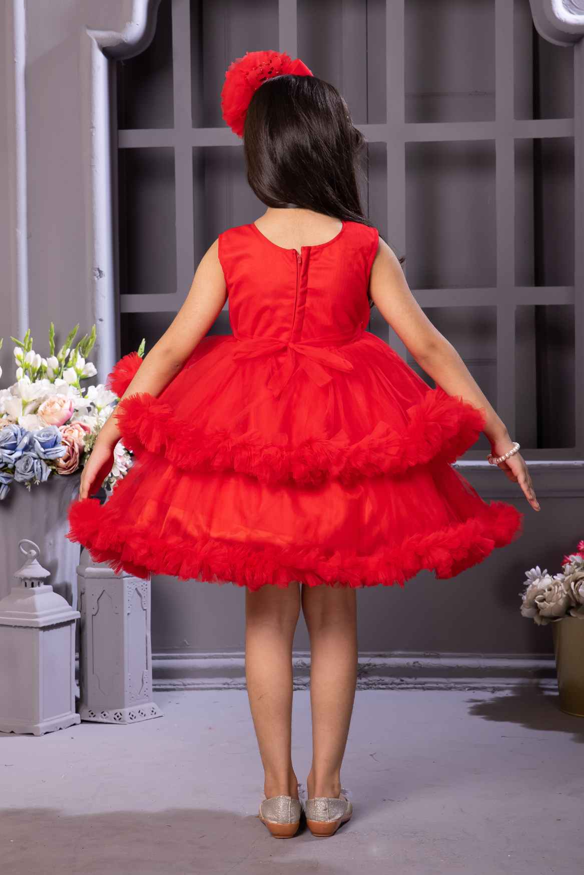 Red Ruffled Flower Party Frock For Girls