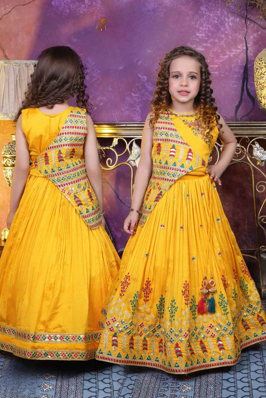 Elegant Yellow Lehenga Angrakha Embroidered Choli Set For Girls
