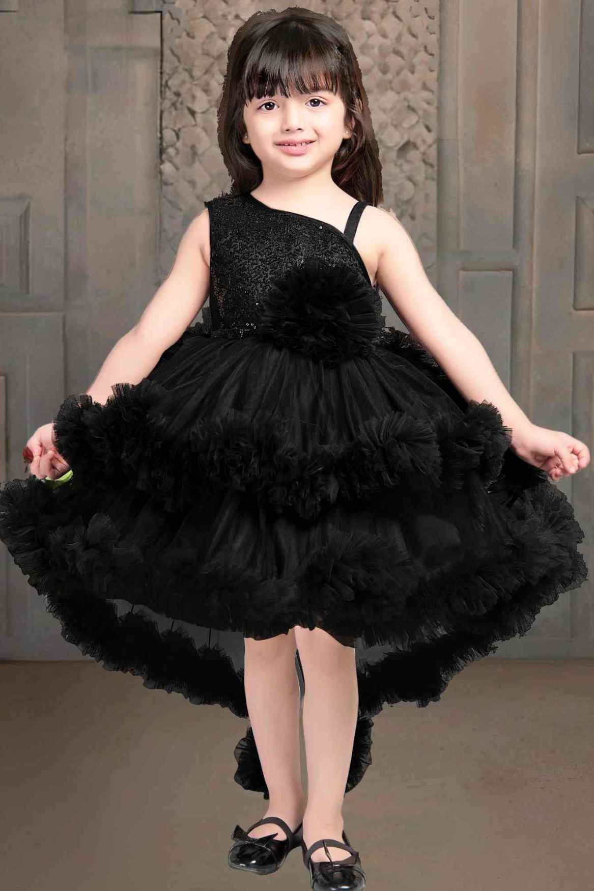Shimmer Black Tailback Party Wear Frock With Flower Embellishment  For Girls