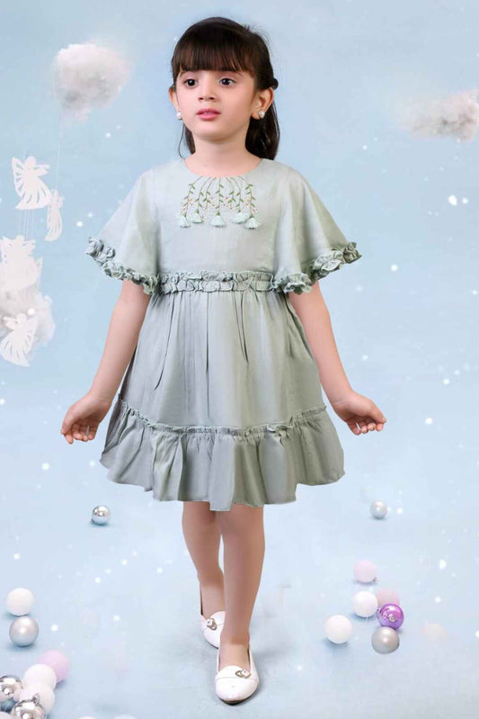 Light Olive Ruffle Accent Tiered Dress For Girls