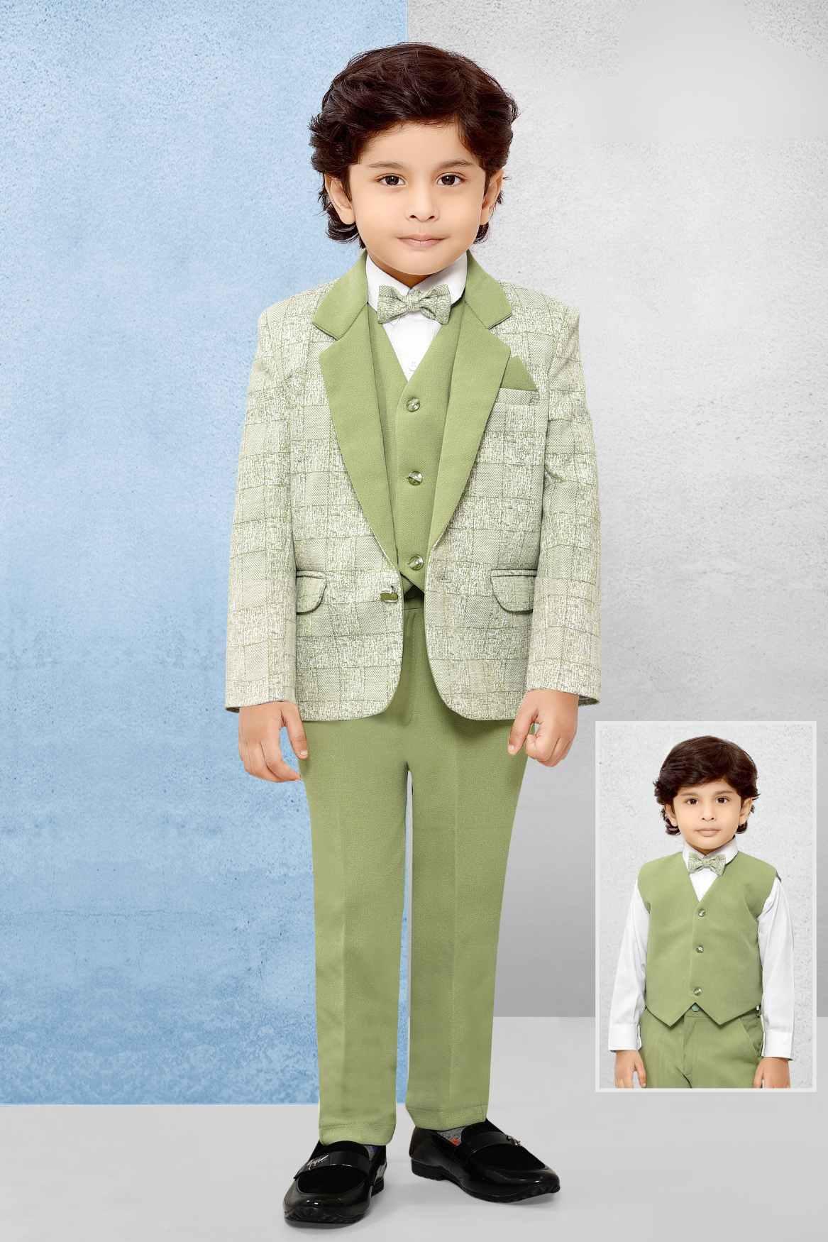 Classic Green 5pc Suit With Textured Blazer For Boys - Lagorii Kids