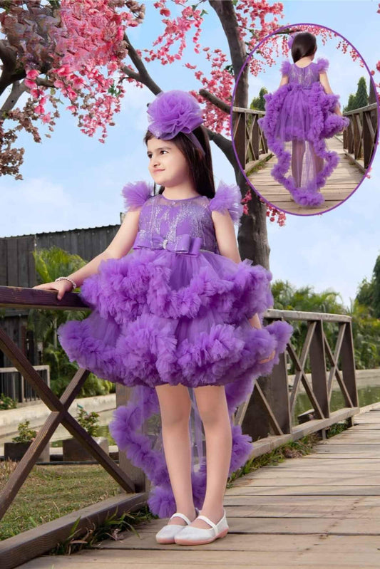 Lavender Shimmer And Bow Embellished Tailback Frock With Hairband For Girls