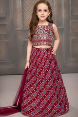 Maroon Mirror Work And Embroidered Lehenga Choli Set For Girls