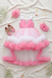 Pink Ruffle Party Frock With Stone Embellished And High-Low Hem For Girls