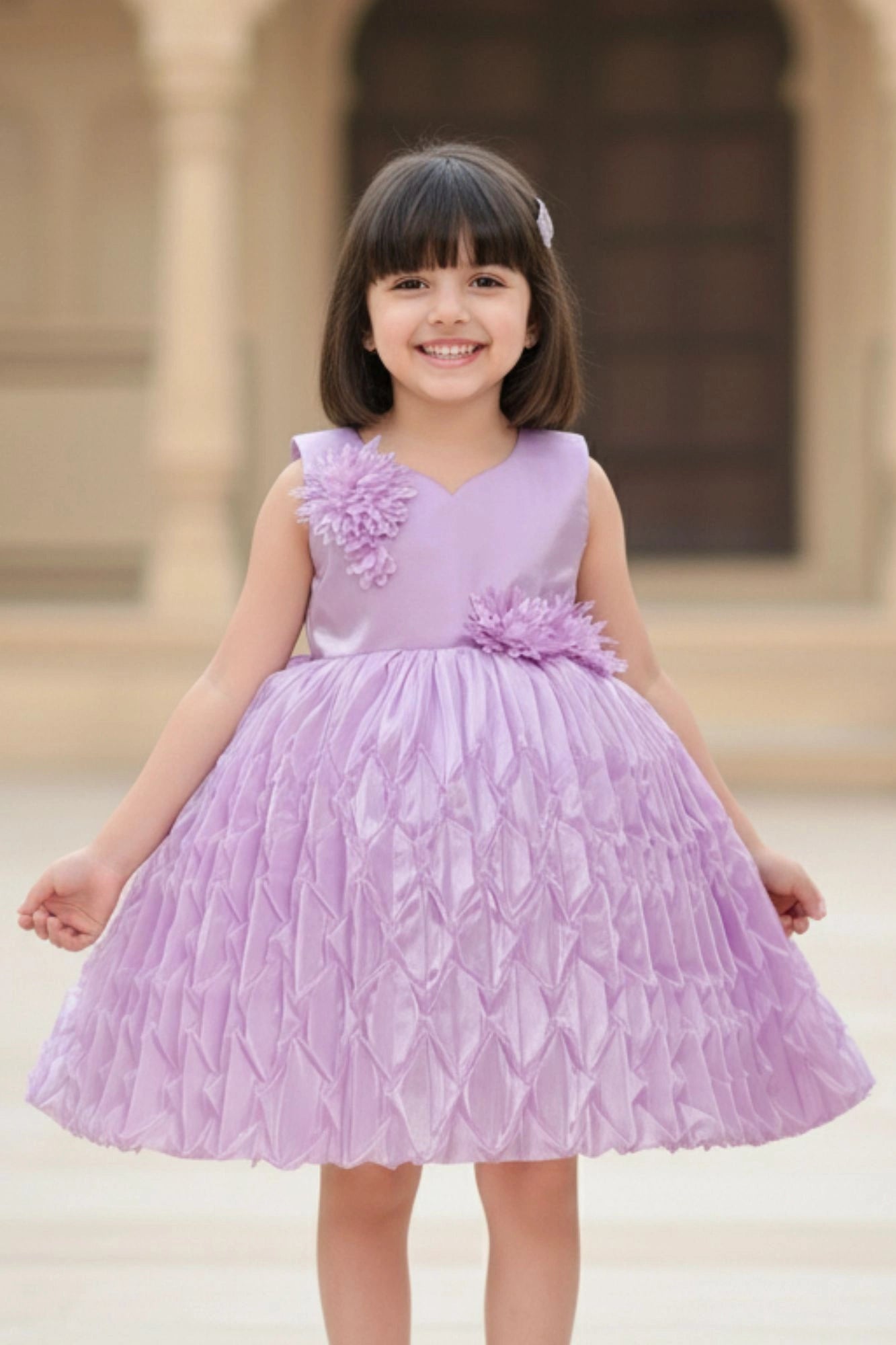 Lavender Embellished Party Wear Frock with Textured Pleated Skirt For Girls