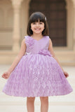 Lavender Embellished Party Wear Frock with Textured Pleated Skirt For Girls