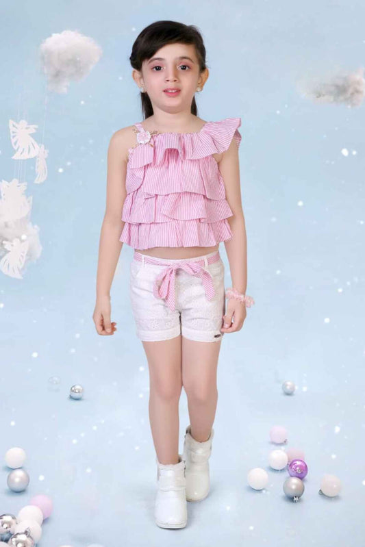 Pink One Side Shoulder Frilled Top With White Shorts Set For Girls