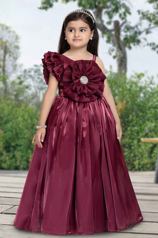 Designer Maroon Gown With Floral Embellished For Girls