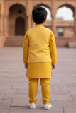 Yellow Embroidered Kurta Set with Nehru Jacket For Boys